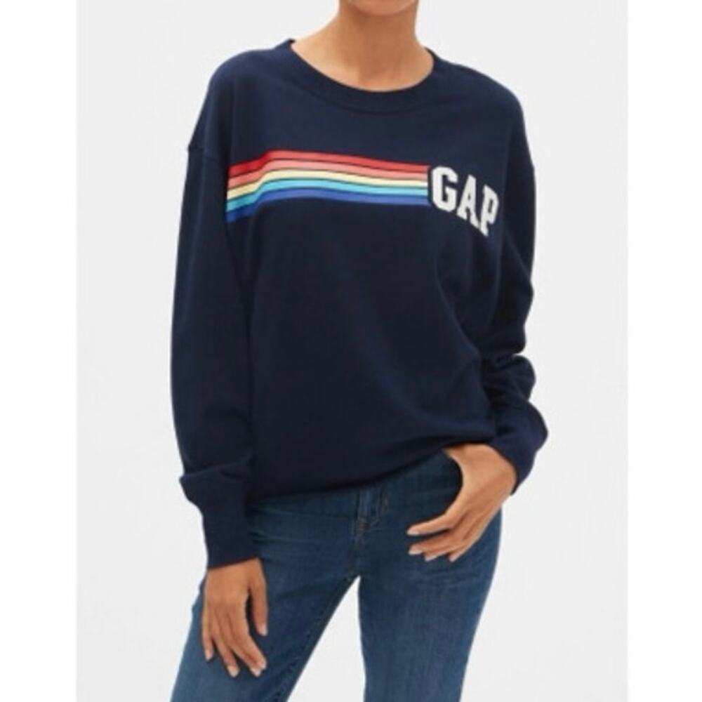GAP Sz L Rainbow Stripe Graphic Sweatshirt Boxy Raw Hem Relaxed Fit Casual